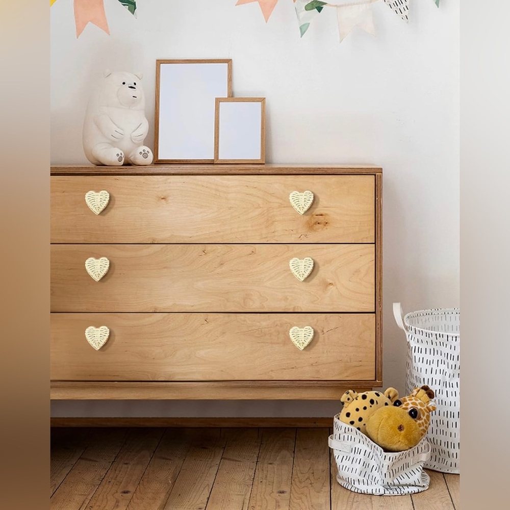 6 Pcs Boho Heart Shape Rattan Dresser Knobs Pulls